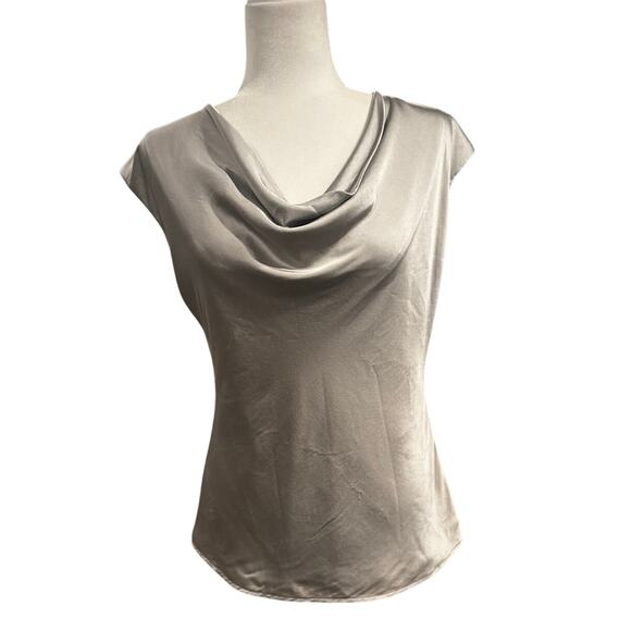 Zelda Silver Cowl Neck Satin Top – Cap Sleeve Draped Blouse (Estimated M) - Picture 2 of 5
